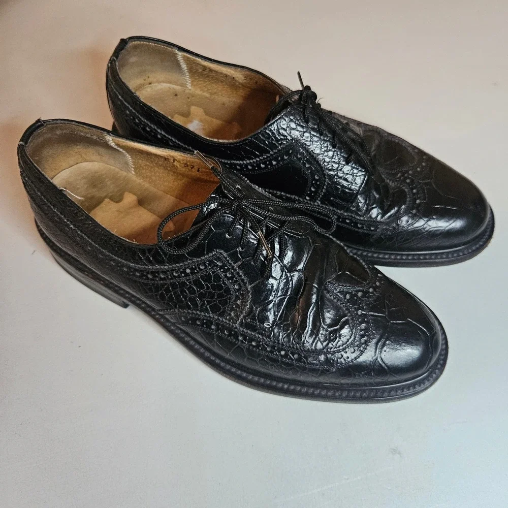 Calzado Leonel Black Crocodile Embossed Leather Wingtip Oxford Shoes Men US 7.5